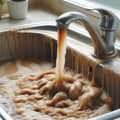 Dirty tap water flowing into the kitchen sink. Royalty Free Stock Photo