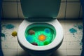 Dirty toilet bowl and bathroom floor. Bacteria unsanitary concept. Generative AI technology