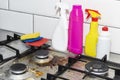 Dirty, top of the gas stove with bits of food. House cleaning Royalty Free Stock Photo