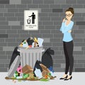 Dirty trash on the floor and disappointment caucasian female character.Sign - do not litter