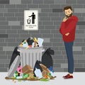 Dirty trash on the floor and disappointment male character.Sign - do not litter