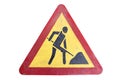 Dirty triangular red border yellow road sign `Road works` isolat Royalty Free Stock Photo