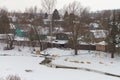 A dirty unfrozen river with sewage flows near a village in Russia in winter