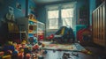 A dirty, unkempt child\'s playroom, toys scattered and soiled, then tidied, cleaned, and organized, ready for new adventures