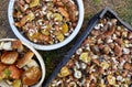 Dirty, unpeeled Boletus and Suillus mushrooms in bucket