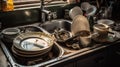 Dirty unwashed dishes with leftover food. Kitchen interior, sink. AI generated. Royalty Free Stock Photo