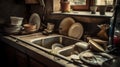 Dirty unwashed dishes with leftover food. Kitchen interior, sink. AI generated. Royalty Free Stock Photo