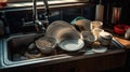Dirty unwashed dishes with leftover food. Kitchen interior, sink. AI generated. Royalty Free Stock Photo
