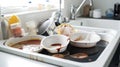 Dirty unwashed dishes with leftover food. Kitchen interior, sink. AI generated. Royalty Free Stock Photo