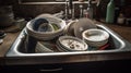 Dirty unwashed dishes with leftover food. Kitchen interior, sink. AI generated.