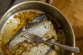 Dirty unwashed pan after cooking fish