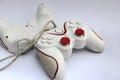 Dirty Used Wired Gamepad Controller with White and Red Accent Isolated in White Background Royalty Free Stock Photo