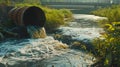 Dirty water pours out of the pipe into the river. Environmental pollution.generative ai Royalty Free Stock Photo