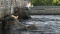 Dirty water squirt from pipes in waterworks treatment plant. Static shot