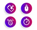 Dirty water, Swipe up and Smartphone waterproof icons set. Timer sign. Aqua drop, Scrolling page, Phone. Vector