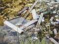 Dirty waterlogged water with silt and grass is littered with plastic bottles with pieces of wood and other waste