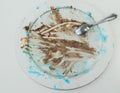 Dirty white big ceramic dishes with ice cream cake stains Royalty Free Stock Photo