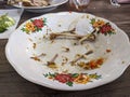 a dirty white plate with leftover chicken bones on it Royalty Free Stock Photo