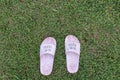 Dirty white slippers with text "see you again"on green lawn with copy space for the background Royalty Free Stock Photo