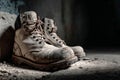 Dirty work boots resting on a concrete surface, symbolizing resilience and construction industry Royalty Free Stock Photo
