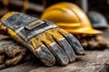 Dirty work gloves and a yellow hard hat are resting on a wooden surface, showing hard work Royalty Free Stock Photo