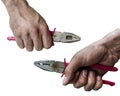 Dirty workman hand hold a plierspincer on both side isolated on white