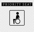 Disabilities or cripple in wheelchair sign. Priority seating for customers, special place icon isolated on background.