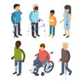 Disabilities persons isometric. Injury invalids defective persons maggiore deaf care adults vector 3d peoples