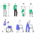 Disability Big Set of Old and Young Disabled People Male and Female Characters Using Wheelchair, Crutches Royalty Free Stock Photo