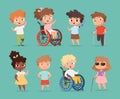 Disability children. Kids sitting in wheelchairs handicapped little persons in school vector cartoon illustrations