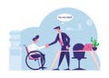 Disability Employment, Work for Disabled People Concept. Handicapped Man Sit in Wheelchair Shaking Hand with Boss Royalty Free Stock Photo