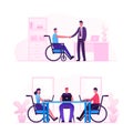 Disability Employment, Work for Disabled People, We Hire All People Concept. Handicapped Character on Wheelchair