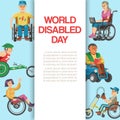 Disability flat world day, vector illustration. Disabled people character in wheelchair banner, handicapped health Royalty Free Stock Photo