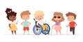Disability kids. Children in wheelchair unhealthy people handicapped vector people