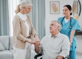 Disability, nurse or old couple holding hands in rehabilitation for support, empathy or solidarity together