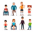 Disability people. Cartoon sick and disabled characters. Person in wheelchair, injured woman, elderly man and sickness child