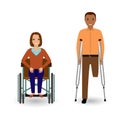 Disability people concept. Invalid woman in wheelchair and disabled man with crutches isolated on a white background. Royalty Free Stock Photo