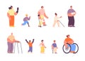 Disability person. Disabled work student, disabilities children and adults. Injury people group, isolated cartoon young Royalty Free Stock Photo
