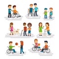 Disability person vector flat. Young disabled people and friends helping them Royalty Free Stock Photo