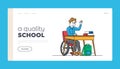 Disability School Landing Page Template. Disabled Boy Character in Wheelchair Sitting at Desk in Classroom Royalty Free Stock Photo