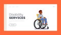 Disability Services Landing Page Template. African Disabled Boy Sitting in Wheelchair. Paralyzed Handicapped Person