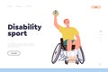 Disability sport landing page template with portrait of sportsman in wheelchair playing volleyball