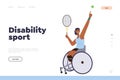 Disability sport landing page template with portrait of sportswoman in wheelchair playing tennis