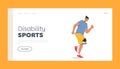 Disability Sports Landing Page Template. Invalid Sportsman Character Run Marathon, Cheerful Amputee Man Training