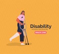 Disability woman cartoon with leg cast and crutches vector design