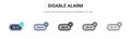 Disable alarm icon in filled, thin line, outline and stroke style. Vector illustration of two colored and black disable alarm