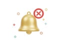 Disable notifications icon, turning off golden bell alert, modern 3D interface element Royalty Free Stock Photo