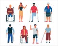 Disable people. Men women with limb injuries, blind or elderly. Handicapped persons in wheelchair, with crutches