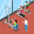 Disable Woman on Wheelchair Exercising in Gym. Disability Isometric People.