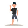 Disable young man. Happy smiling male with one leg was standing using a crutches while waving his hand. Disability person with